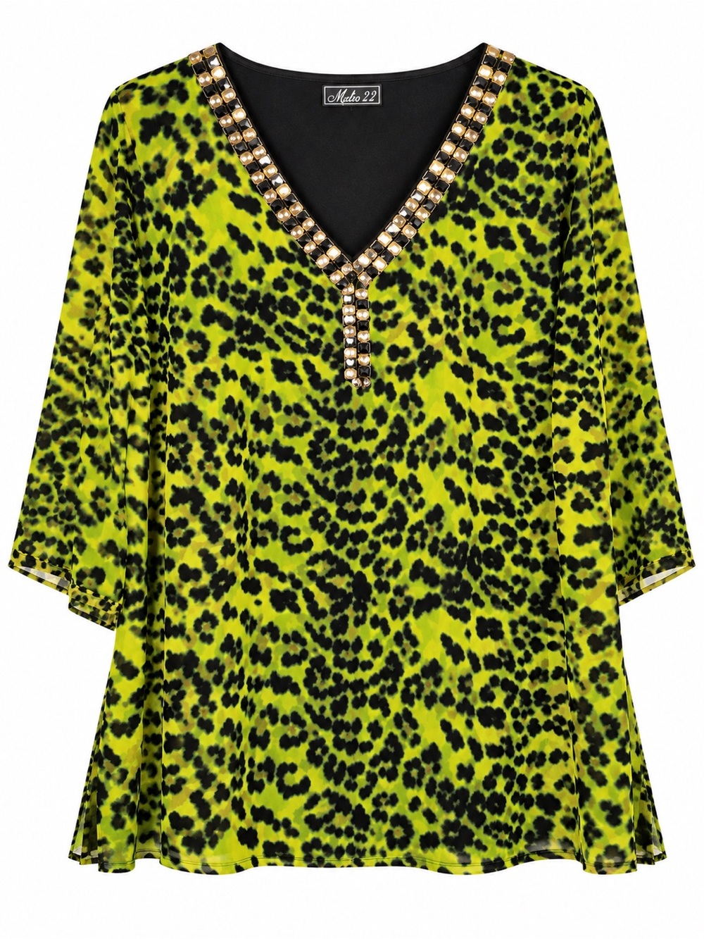 Metro 22 Leopard Print Tunic Top Green Black Embellished V Neck Plus Size 2X